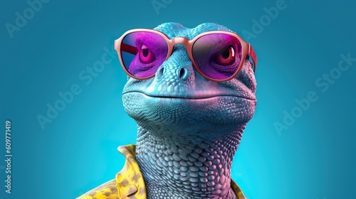 Stylish blue lizard character with sunglasses on red background. Generative AI