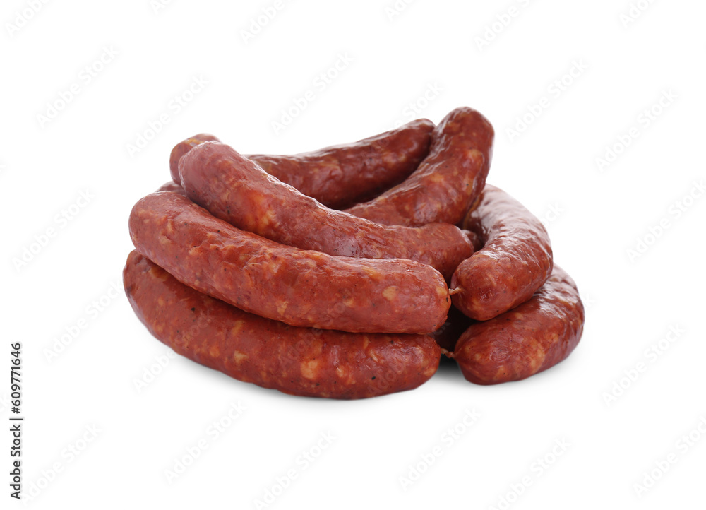 Many fresh raw sausages isolated on white. Meat product Many fresh raw sausages isolated on white. Meat product