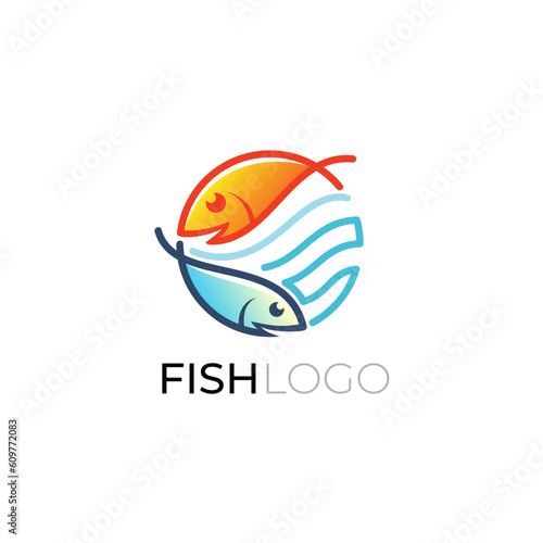 Double fish logo with line, marine life design template