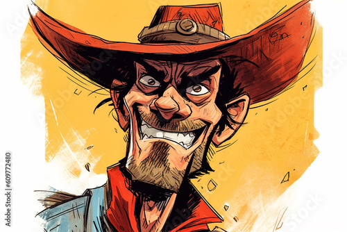 Graphic novel style illustration of a rugged cowboy in the old west, desperado outlaw. Generative AI.