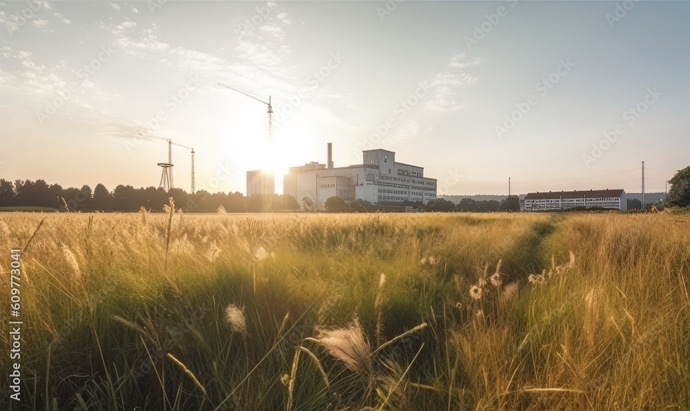 Nuclear power plant with yellow spikelet field and blue clouds made with generative AI Nuclear power plant with yellow spikelet field and blue clouds made with generative AI