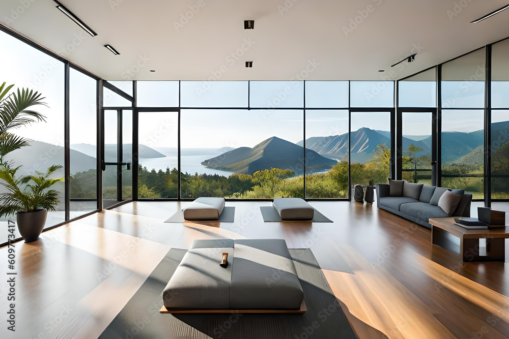 modern interior with table, room to mediate and calm the mind - obrazy, fototapety, plakaty 