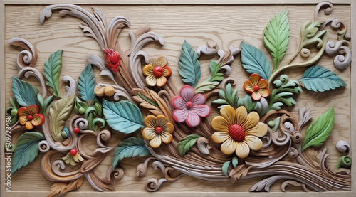 Fototapeta Naklejka Na Ścianę i Meble -  Painted wood plank carving, framed floral design with carved branches and colorful leaves and flowers. Abstract illustration created with Generative AI technology.