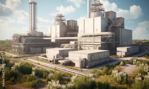 Nuclear power plant with green field and blue sky made with generative AI