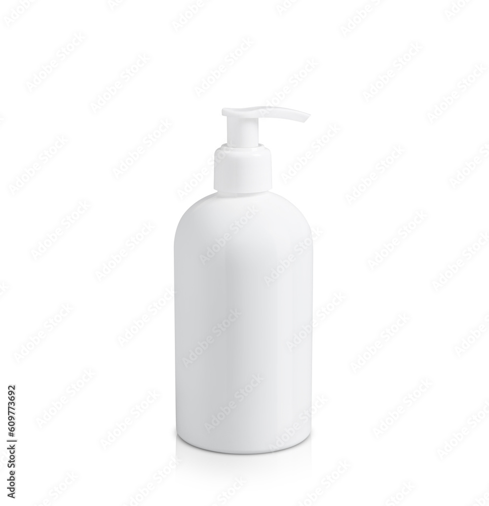 Bottle of cosmetic product with pump dispenser on white background Bottle of cosmetic product with pump dispenser on white background