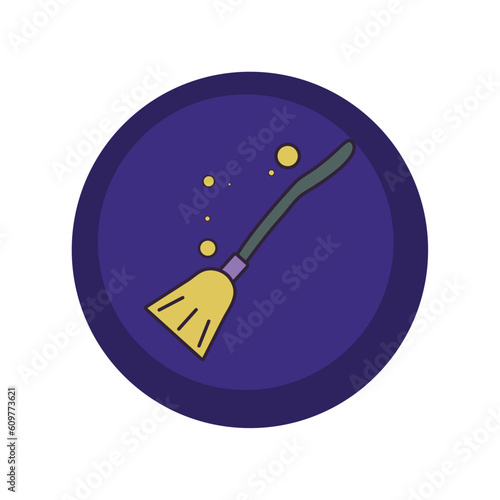 vector icons of a magic broom with purple background and blue border