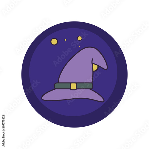 vector icons of a magic hat with purple background and blue border