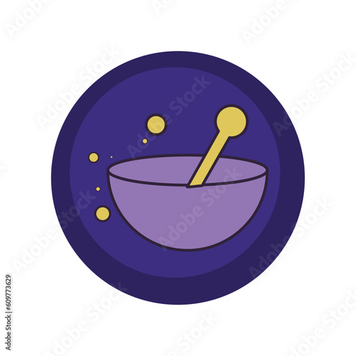 vector icons of a bowl to prepare remedies with purple background and blue border