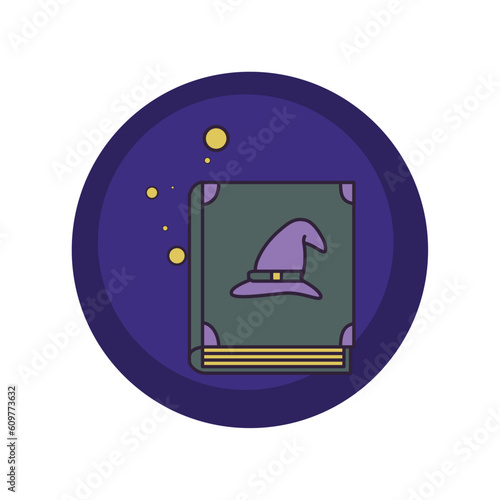vector icons of a magic book with purple background and blue border