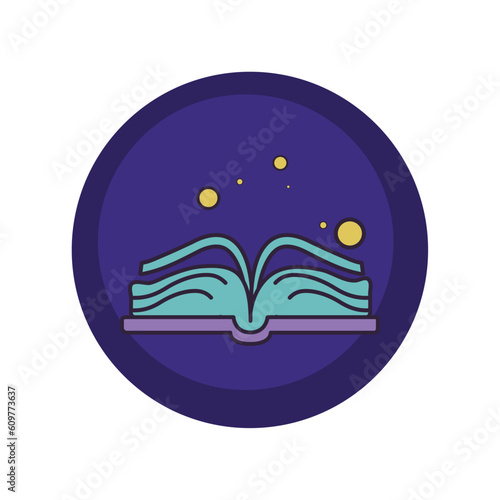 vector icons of a magic book with purple background and blue border