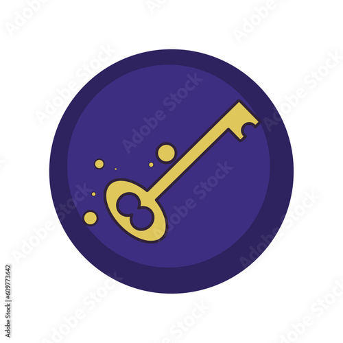vector icons of a key to a wizard's trunk with purple background and blue border