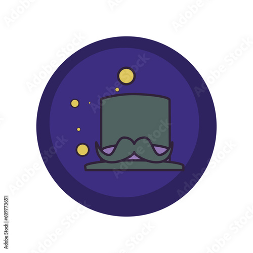 vector icons of a hat with a mustache with a purple background and blue border
