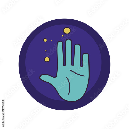flat vector icons of a hand with purple background and blue border