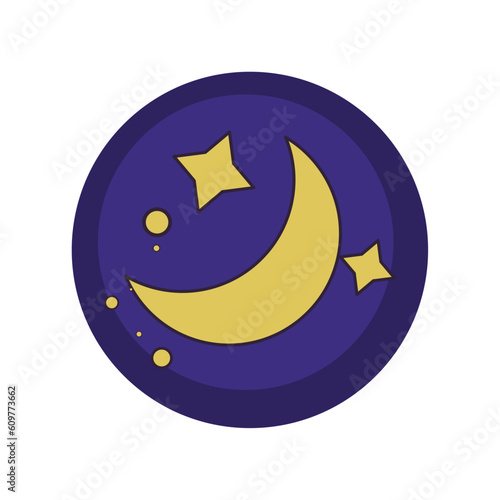 vector icons of a moon and stars with purple background and blue border