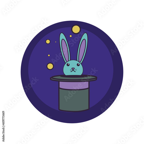 vector icons of a rabbit coming out of a wizard hat with purple background and blue border