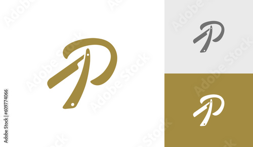 Letter P with straight razor logo design