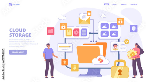 Cloud storage, remote data, personal files security, cloud technology, data protection. Flat design concept with characters. Vector illustration for website, banner, landing page.