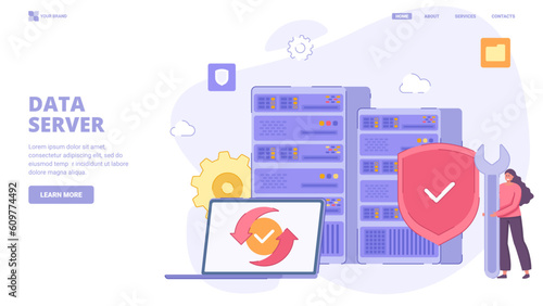 Cloud technology, data server, remote database, cloud computing, data centre, remote data storage, saas.  Flat design concept for landing page. Vector illustration for website, banner.