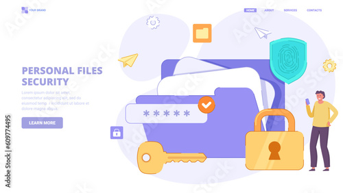 Personal files security, safe file storage, access to files in cloud, encrypted folder. Flat design concept with characters for landing page. Vector illustration for website, banner, landing page.
