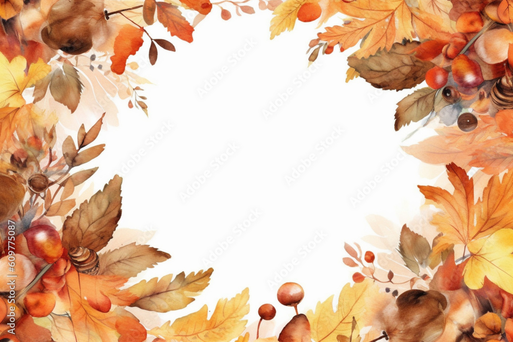 Autumn Equinox card background frame, Watercolor illustration with ...