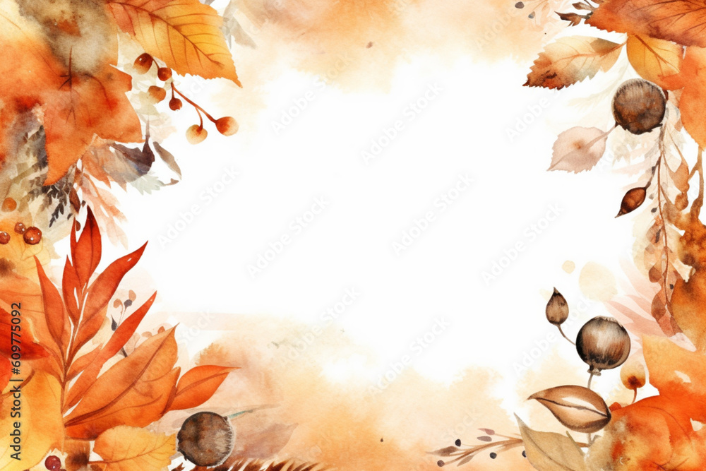 Autumn Equinox card background frame, Watercolor illustration with ...
