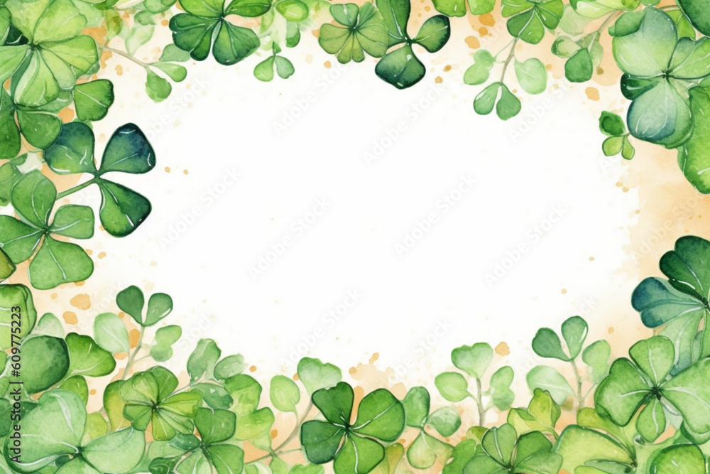 Saint Patricks Day card background frame, Watercolor illustration with white part, clipart for greeting cards, save the date, stationery design, AI Generation