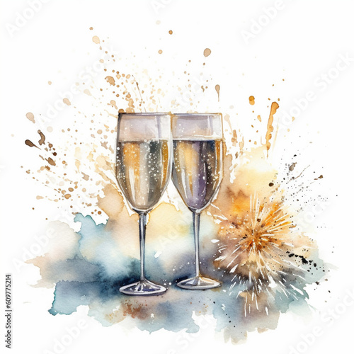 New Year card background frame, Watercolor illustration with white part, clipart for greeting cards, save the date, stationery design, AI Generation