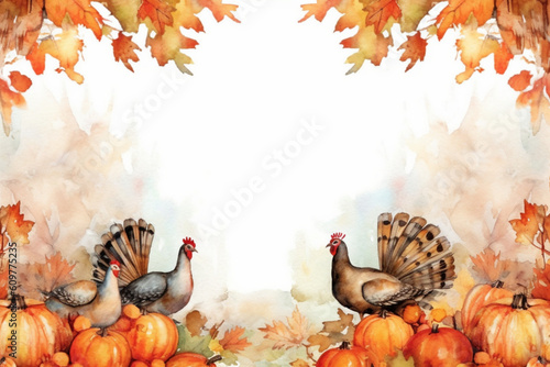 Thanksgiving card background frame, Watercolor illustration with white part, clipart for greeting cards, save the date, stationery design, AI Generation