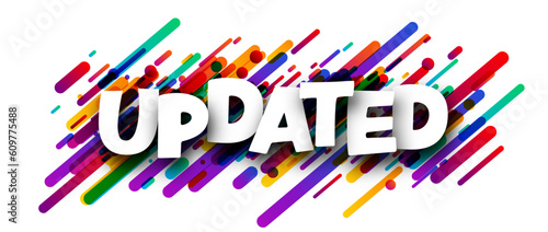 Updated sign over colorful lines background. Design element. Vector illustration.