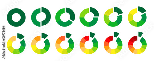 Multicolored donut sections collection. Wheel charts diagrams with cut. Infographic round elements set. Pack of 1 to 12 slices and sectors. Process bar phases and stages of cycle. Vector