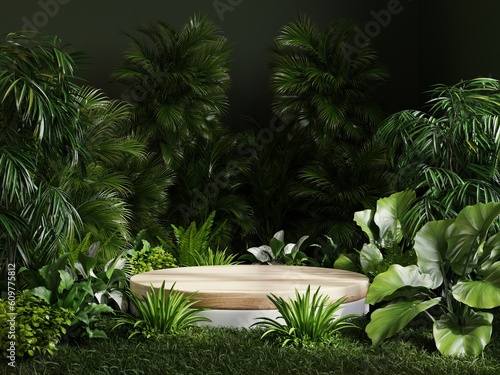Product presentation with a wooden podium set amidst a lush tropical forest, enhanced by a vibrant green backdrop.3d rendering
