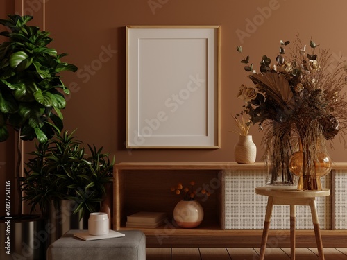 Poster mockup featuring a vertical wooden frame against a backdrop of a rich, dark brown wall.3d rendering