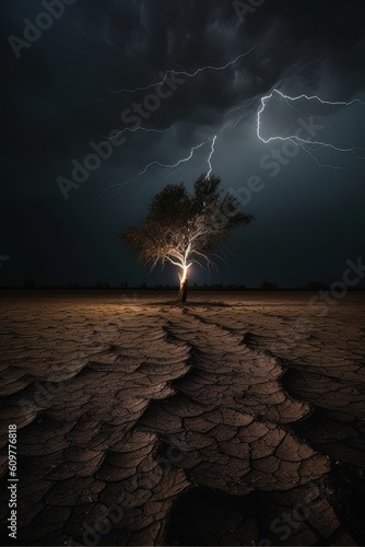 Dead big tree in a dry area the soil is cracked during and rain storm. AI Generative AI photo