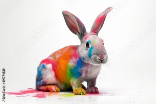 a rabbit playing with liquid paint