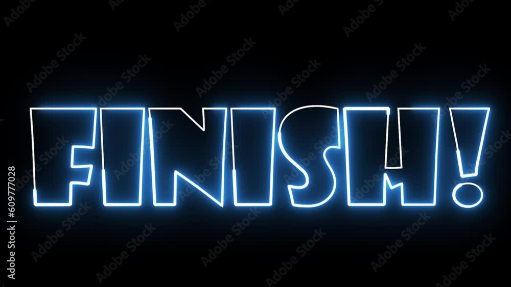 Finish text font with light. Luminous and shimmering haze inside the letters of the text Finish. 3D Animation.