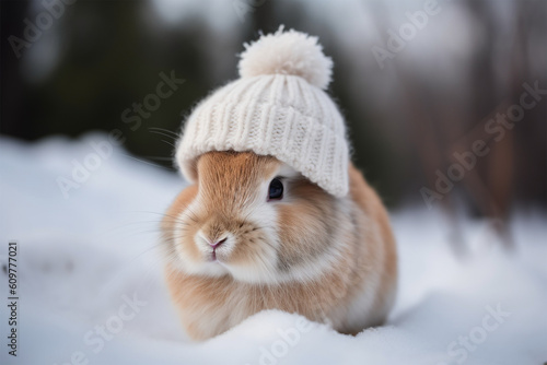 a cute bunny wearing a snow cap