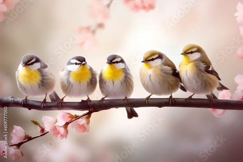 some cute birds are marching on winter tree branch
