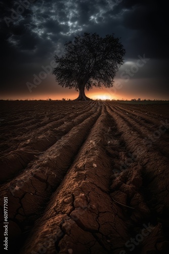 Dead big tree in a dry area the soil is cracked during and rain storm. AI Generative AI photo