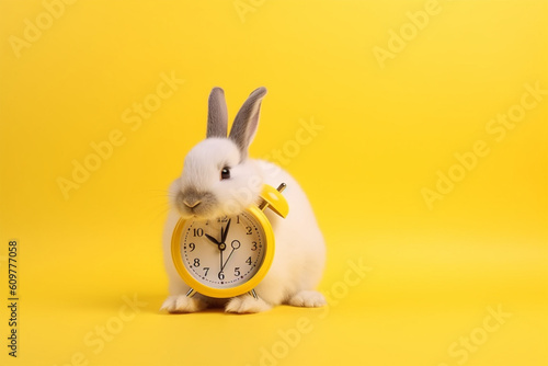 a cute bunny playing alarm clock, yellow background
