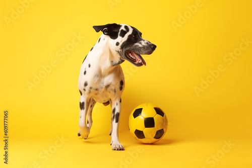a cute dog playing ball  yellow background