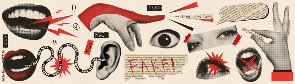 Fake news trendy vintage collage conception. Halftone lips, eyes, hands. Retro newspaper and torn paper. Elements for banners, poster, sosial media. Vector. - obrazy, fototapety, plakaty 