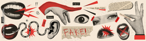 Fake news trendy vintage collage conception. Halftone lips, eyes, hands. Retro newspaper and torn paper. Elements for banners, poster, sosial media. Vector. photo