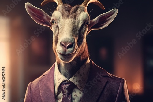 Anthropomorphic goat dressed in a suit like a businessman. Business Concept. AI generated, human enhanced © top images
