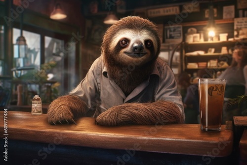 Anthropomorphic sloth in the role of a bartender in a bar or a waiter in a cafe. AI generated, human enhanced