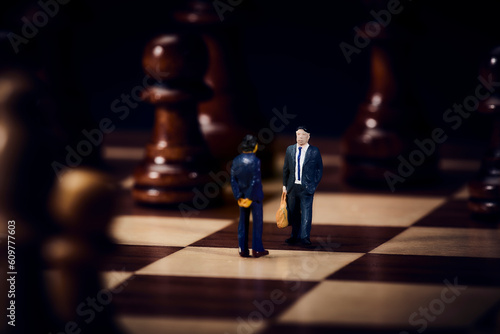 チェスのボードの上のスーツを着た向かい合うミニチュア人形 photo