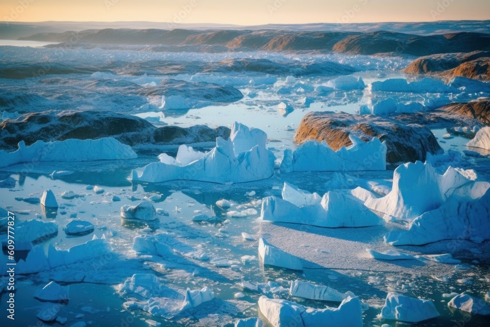 Melting glaciers. Ice floes melt in the water. Climate change concept
