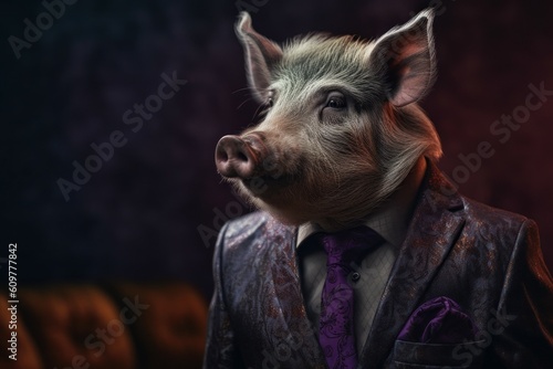 Anthropomorphic boar dressed in a suit like a businessman. business concept. AI generated, human enhanced © top images