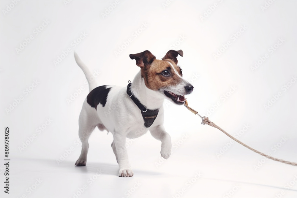 a dog on a leash, white background