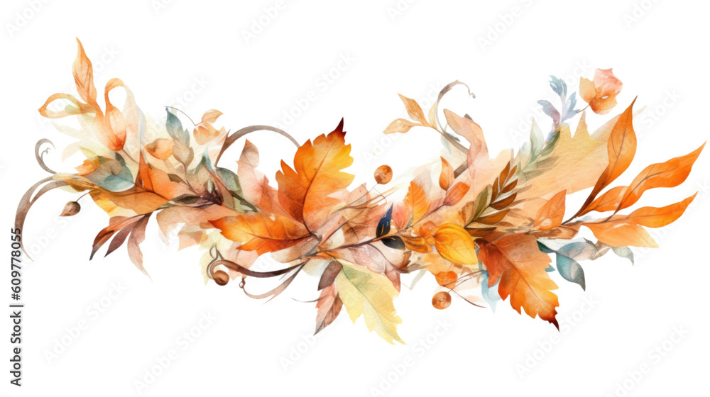 autumn foliage garland with ribbon in watercolor style, isolated on a transparent background for design layouts