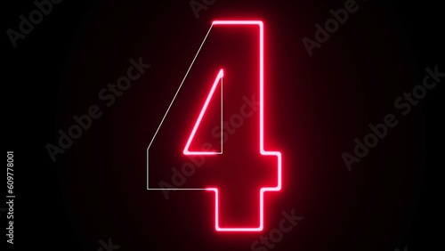 4 Number Electric red lighting text with animation on black background, 3D Rendering. Four Number. 